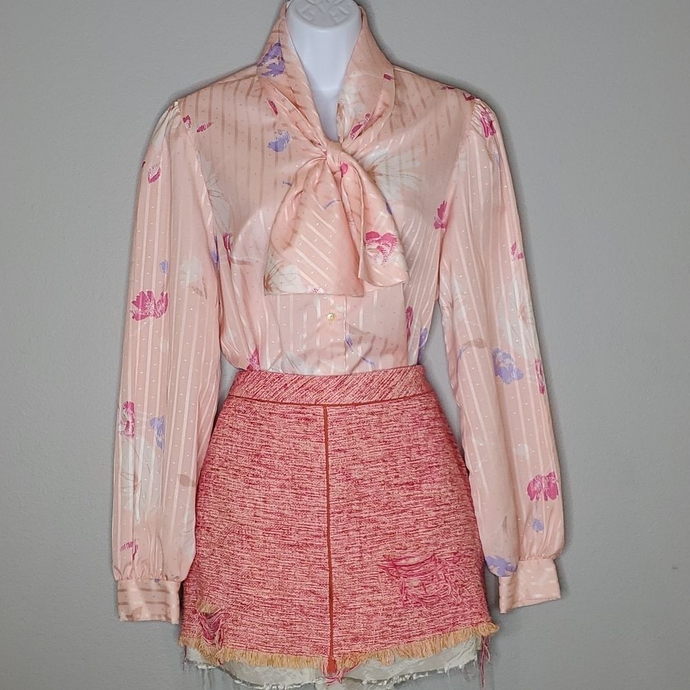Handmade Vintage PussyCat Bow Peach Floral LS Blouse,  Sz M/L, Show Stopper!!!